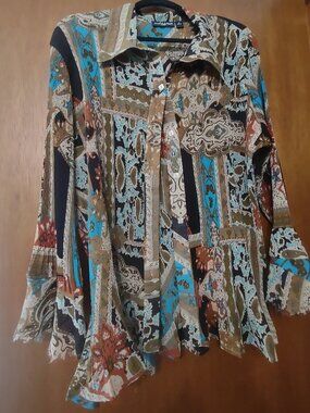 Essentials By Milano Long Sleeve Crinkle Sparkle Brown Print Blouse Button 2x